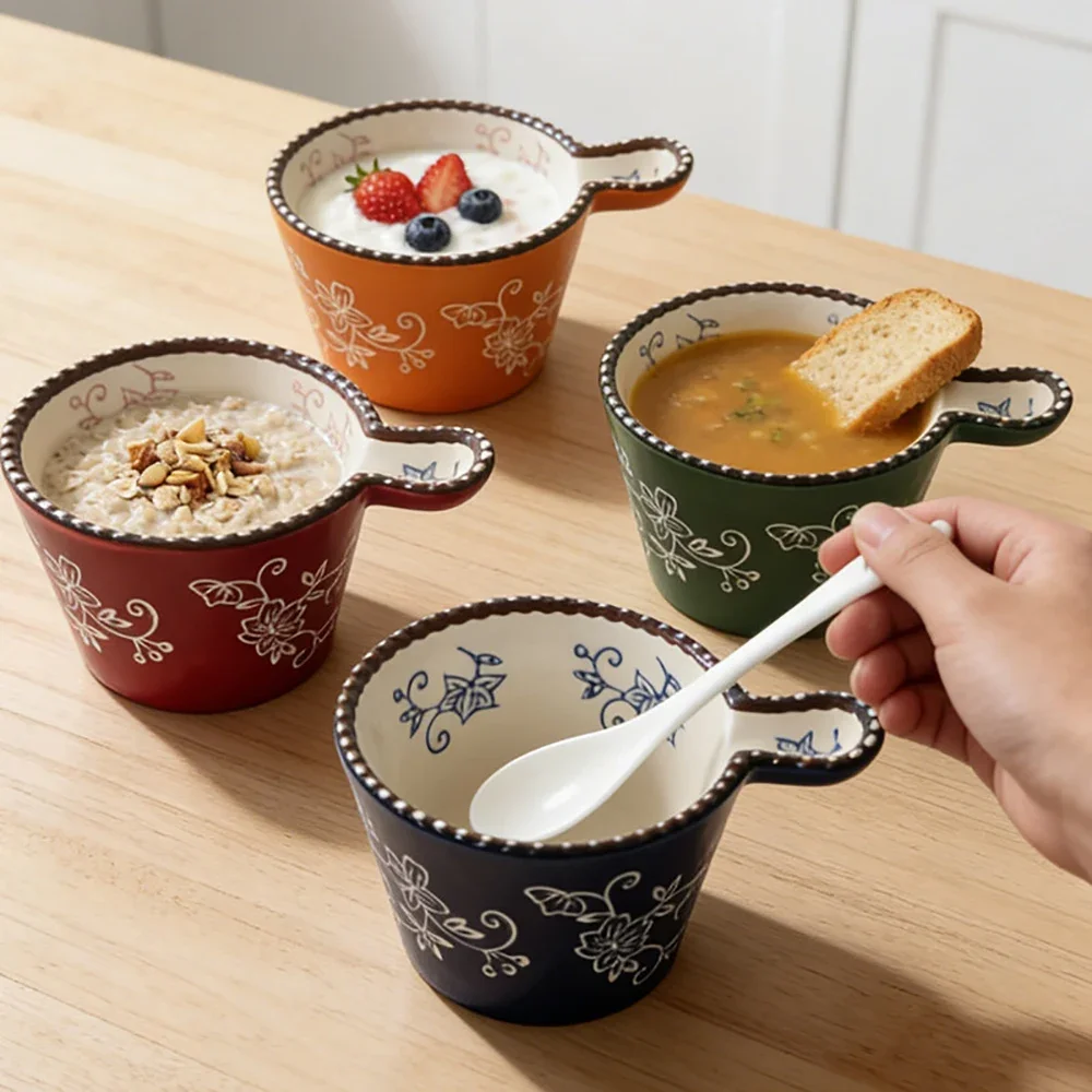Dots Relief Floral Ceramic Bowl Creative Handgrip Porcelain Homehold Dinnerware Milk Oats Yogurt Breakfast Bowls Personal Items