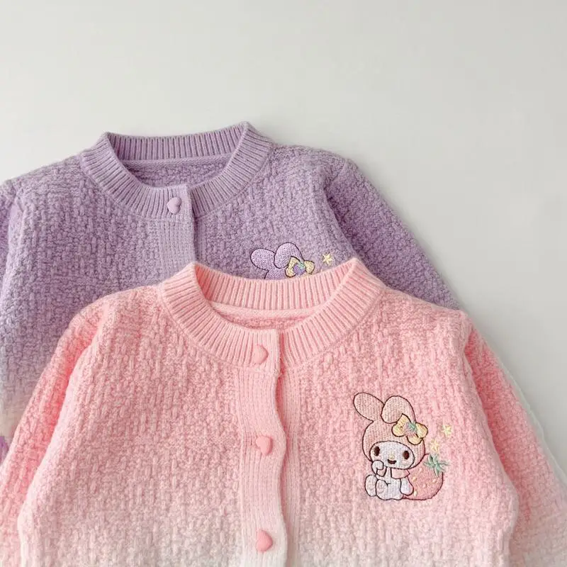 Conjunto de ropa Kawaii My Melody para niñas, cárdigan de punto Kuromi, falda de malla, versión coreana, falda de princesa linda, regalo