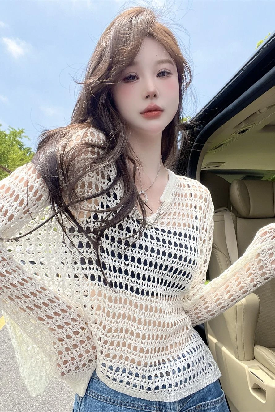 

Women's V-Neck Knitted Hollow out Mesh Top Summer 2024 Fashion Long Sleeve Hole Design Korean Style Commute Windbreaker