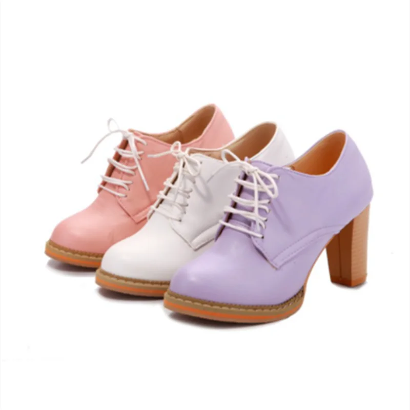 

Lady Plus Size Retro 43 8 Lace Up Leather Round Toe Spring Ankle Wood Texture High-heels Boots Fashion Bootie Shoes Female Pumps