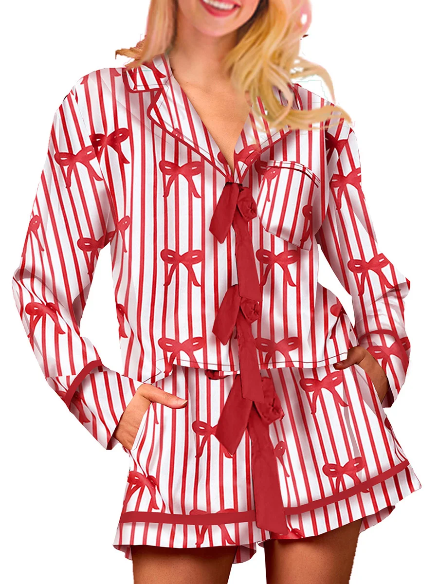 Women s Christmas Loungewear Set Heart Bow Stripe Print Long Sleeve Lapel Tie Front Tops Shorts Sleepwear