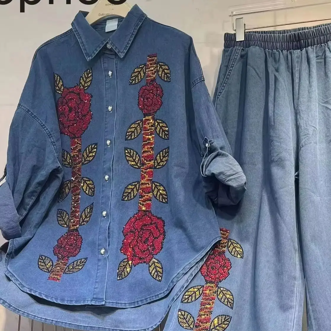 

American Style Women Two-piece Set Hot Drilling Flowers Long Sleeve Loose Cardigans Coat + Elastic Waist Casual Wide Leg Pants