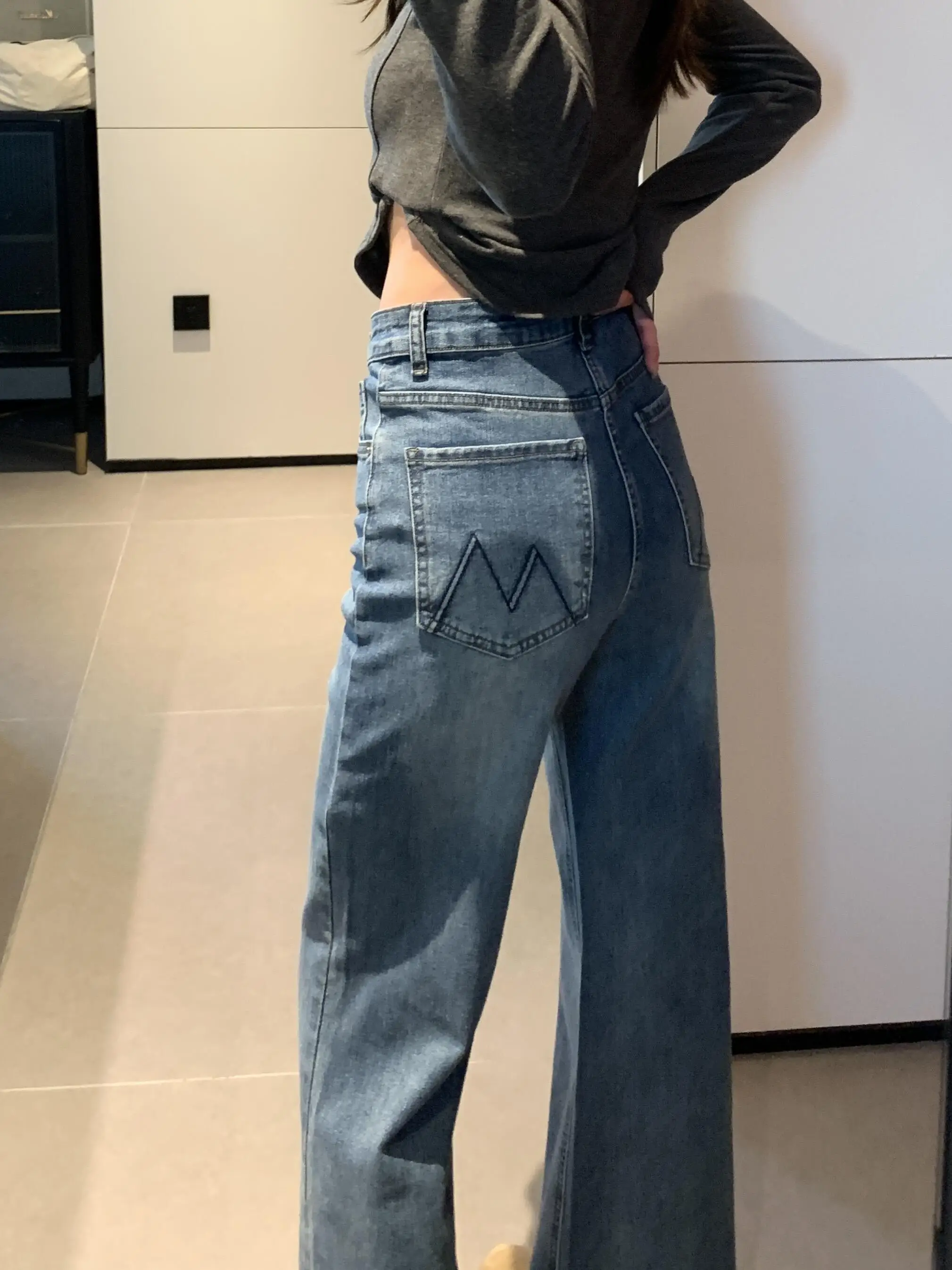Y2K Jeans Deep Blue Micro Flare Women Spring High Waist Wide Leg Non Stick Flared Floor Pants