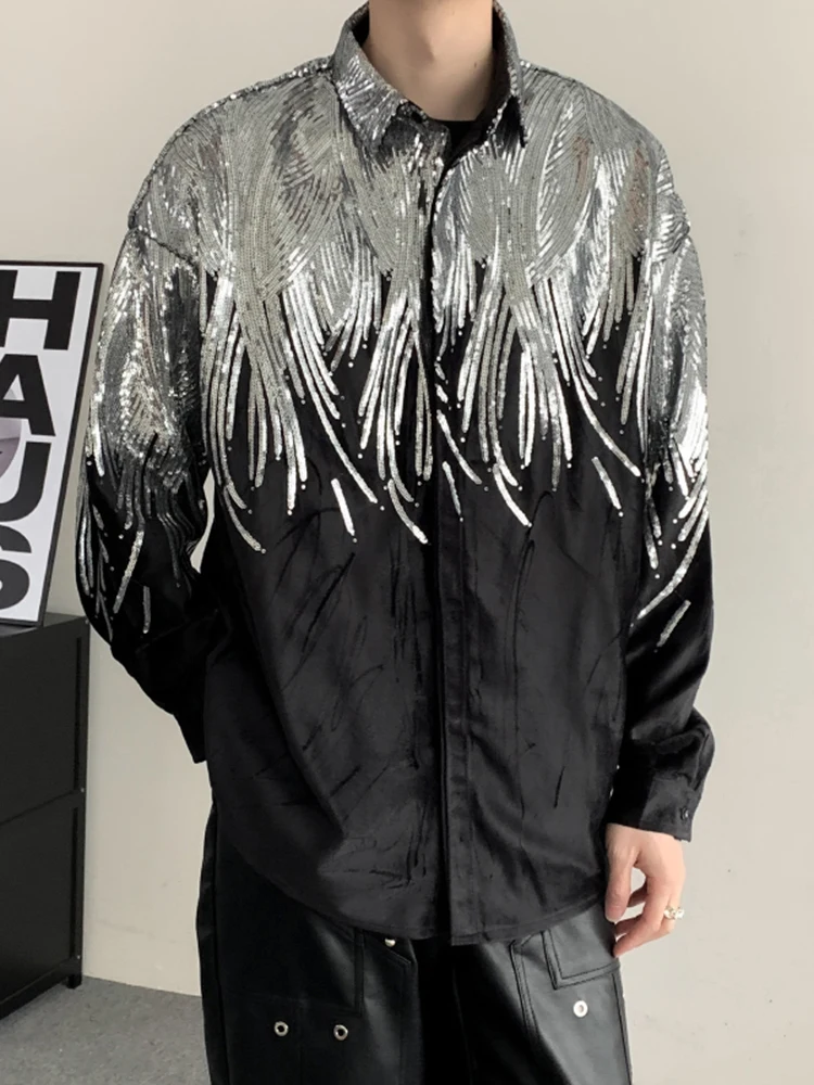 

Velvet Sequin Men's Long Sve irt Unique Design Sensation High-End Feel Youthful Trendy Brand Geometric Pattern Button De...