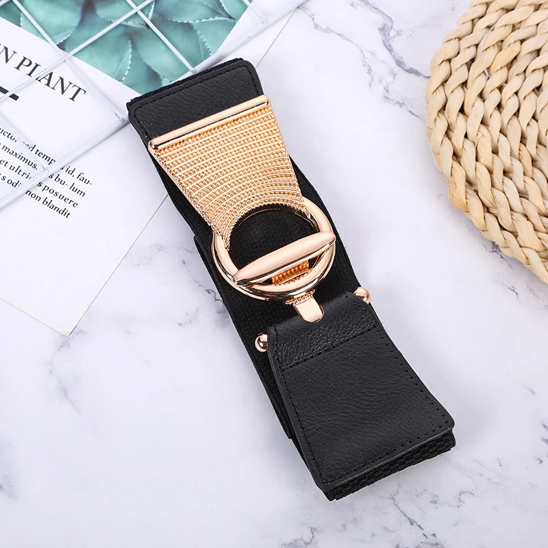 Elegant Vintage Metal Buckle Elastic Belt For Women - Wide Waistband For Dress Coats And Girdles