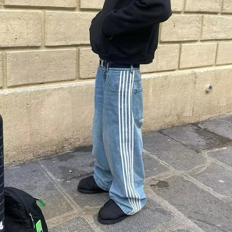 بنطلون جينز فضفاض على طراز هاراجوكو الأمريكي Y2K بنطلون جينز مخطط للرجال والنساء بنطلون غير رسمي واسع الساق سروال عصري عالي الشارع #2