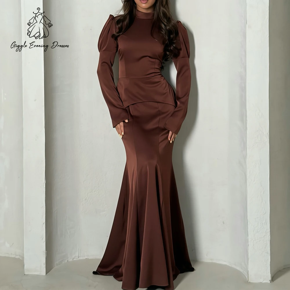 

Элегантное коричневое вечернее платье русалки из двух предметов с высоким воротом и пышными рукавами, вечернее платье, женское платье для выпускного вечера, Vestidos de Gala, индивидуальное