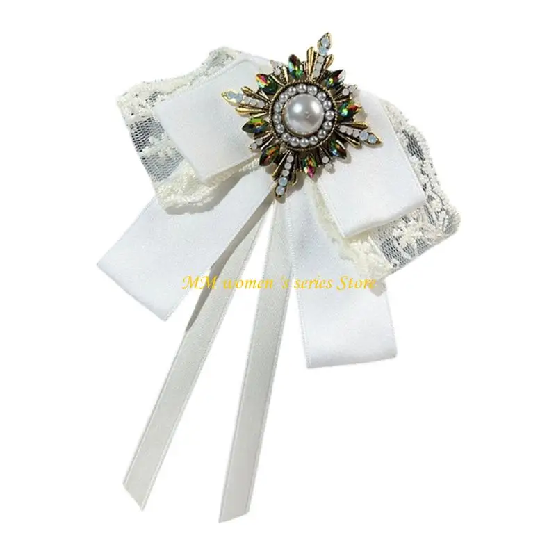 Q39C Stone Embellished Lace bend Tie Brooch For Women Graduation Ceremony Party