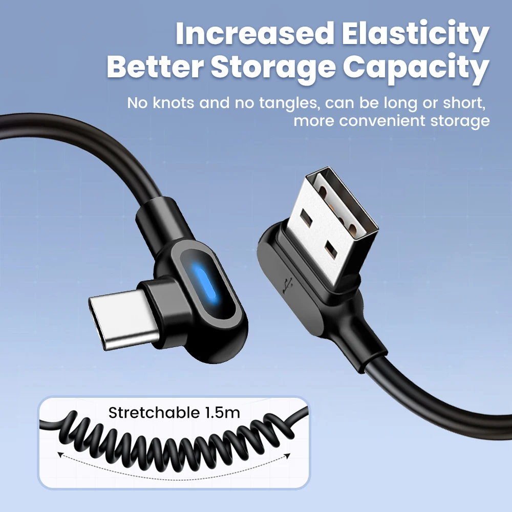 0.4-1.5M Retractable Double Elbow USB Type C Cable 6A Fast Charging USB C Cable 90 Degree Spring Data Wire For Huawei Xiaomi LG