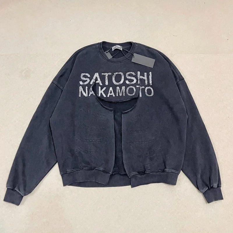 Satoshi Nakamoto Black Crew Neck Drop-Shoulder Cut Embroidered 100% Cotton Turtle-Pattern Print Washed Aesthetic Sweatshirt