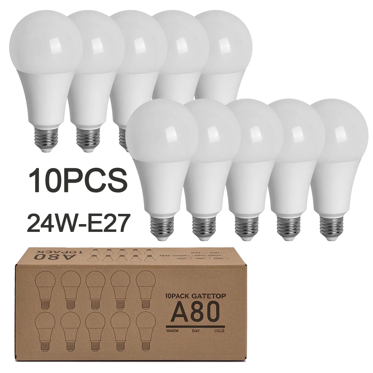 10Pcs A80 E27 LED Bulb 2160 Lumens  24W  AC 220-240V Super High Brightness Non Strobe 270° Wide Beam Angle for Indoor Home