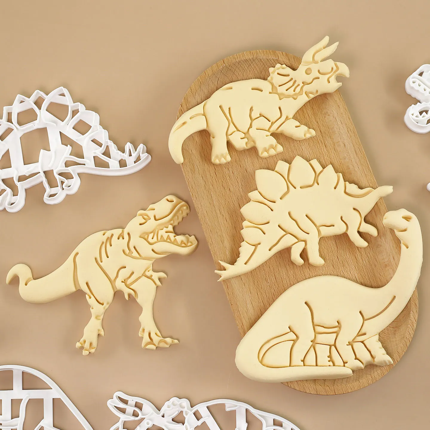 4 Uds cortador de galletas de dinosaurio Brachiosaurus tiranosaurio rex Triceratops Stegosaurus diseños para niños fiesta de cumpleaños, Navidad