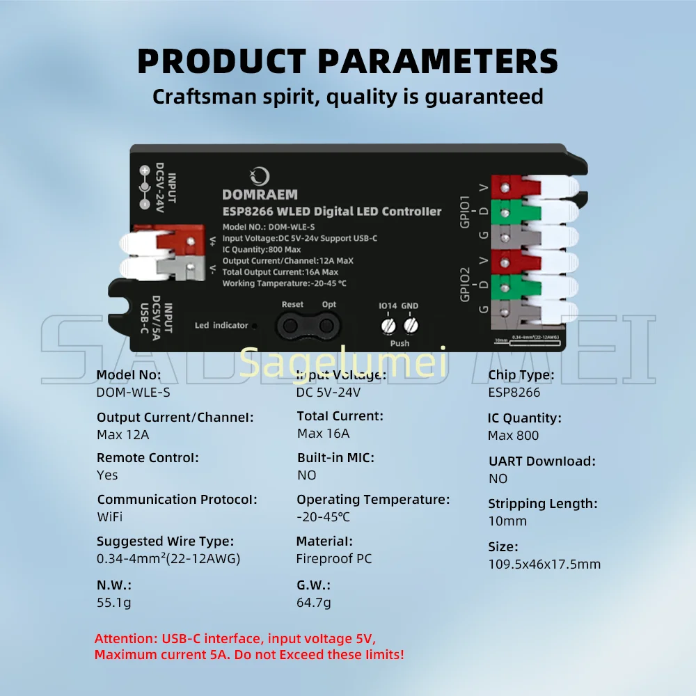 DC5V-24V USB Wled Control Powered Maximum 16A with Fuse 800IC WS2811/ws2812/APA102 DIY ESP8266 WLED Digital LED Strip Controller