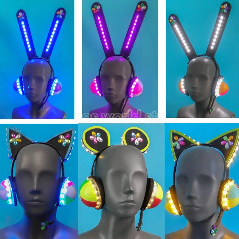 Anime Lovelive Cyber Cosplay Headwear LED Light Gaming Headset Flash Ligth Cat Ear Headphones Halloween Party Roleplay Prop