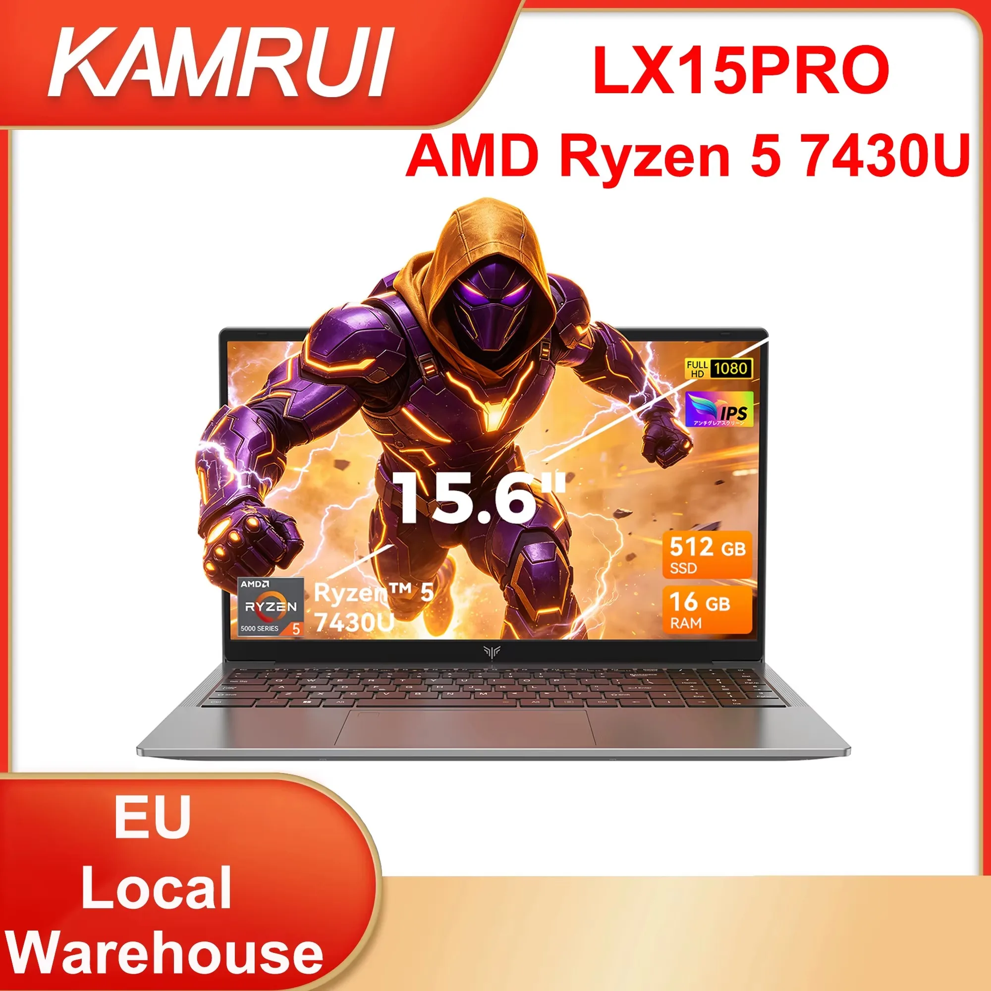 KAMRUI LX15PRO, portátil para juegos con procesador AMD Ryzen 5 7430U, pantalla de 15,6 pulgadas, 16 GB de RAM, 512 GB de ROM, pantalla FHD, unidad de estado sólido M.2, sistema operativo Windows 11, 180. ° Portátil con Wi-Fi 6, Bluetooth 5.2, para oficina y uso general.