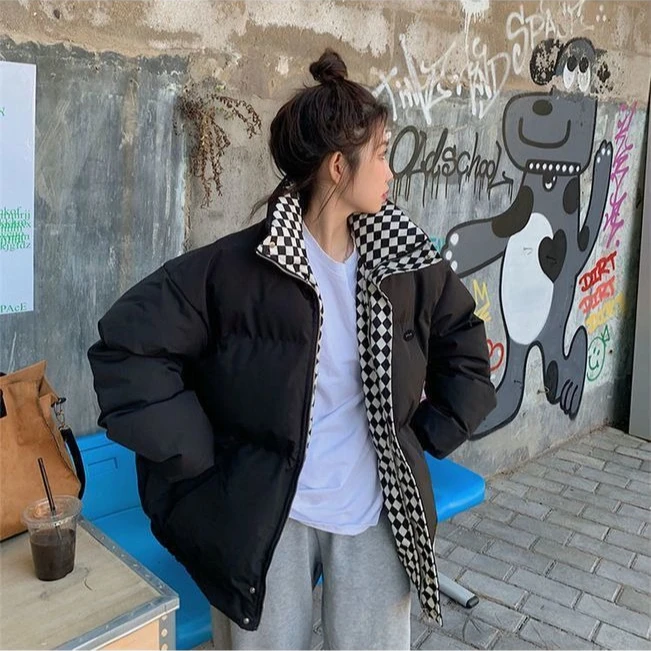 

Толстое пальто из хлопка с меховым воротником в шахматном порядке, женское зимнее корейское свободное пальто для пар, теплая бейсбольная зимняя одежда, женская куртка-хлеб