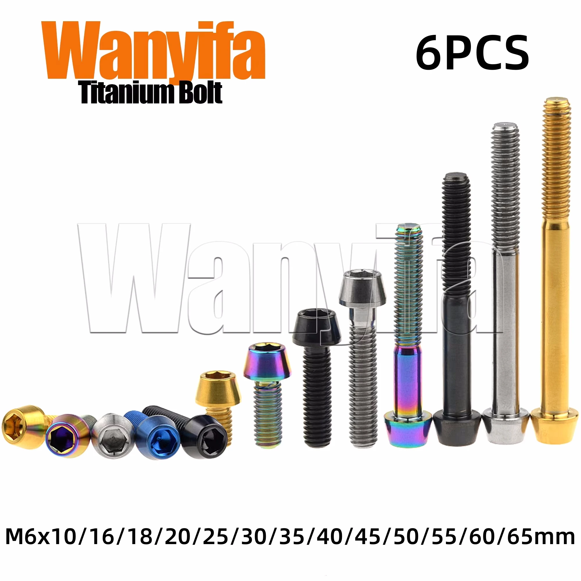 Wanyifa Titanium Bolt M6x10/16/18/20/25/30/35/40/45/50/55/60/65mm DIN912 Cone Head Hexagonal Screw for MTB Accessories Part 6Pcs