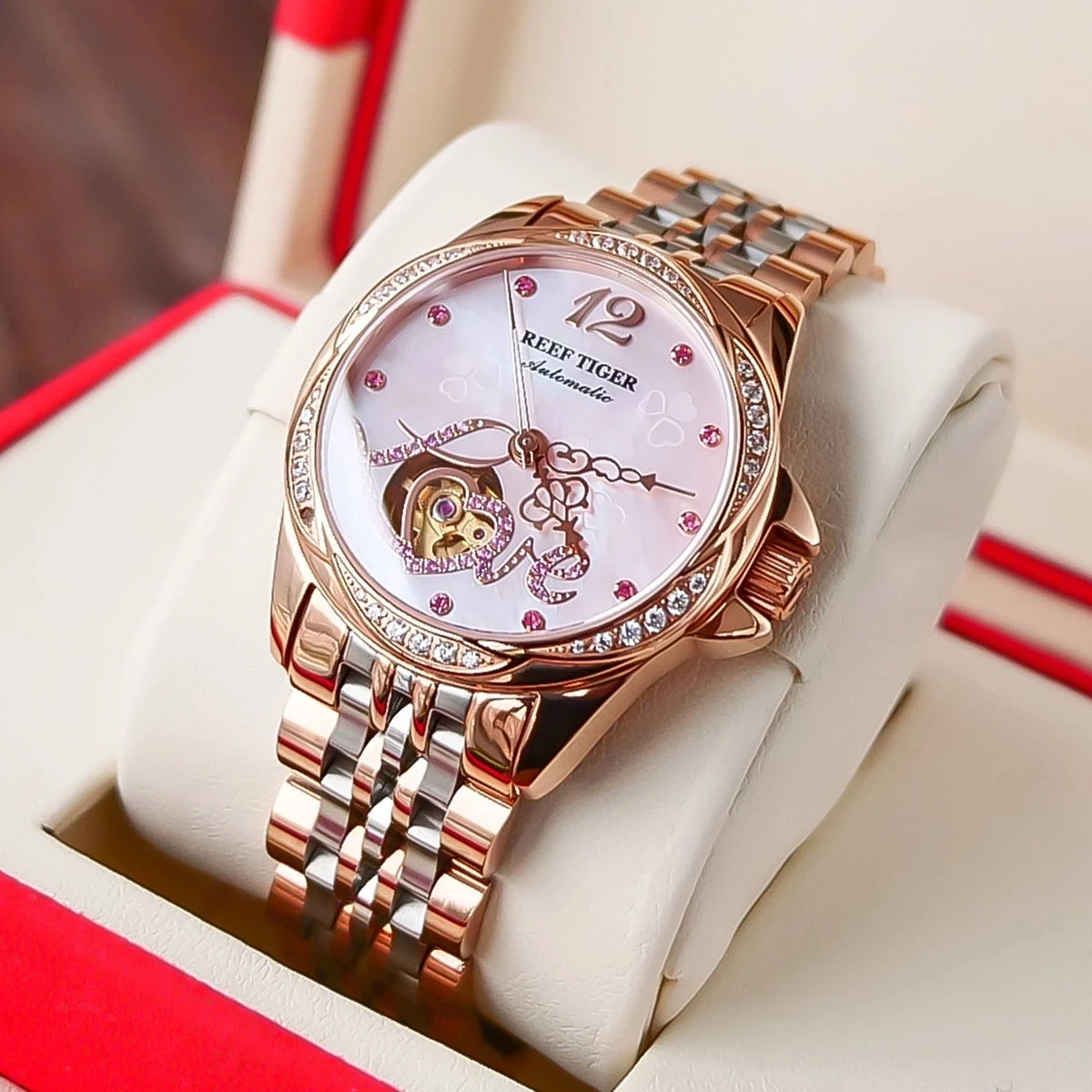 Reef Tiger Top Brand Elegant Lady Watches Luxury Flower Diamond Women Rose Gold Bracelet Automatic Watches Relogio Feminino