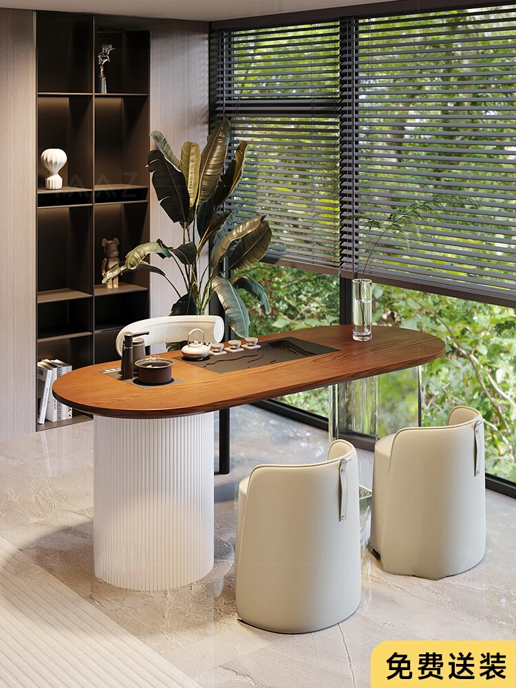 

Solid wood balcony tea table and chairs combined with small cream style oval