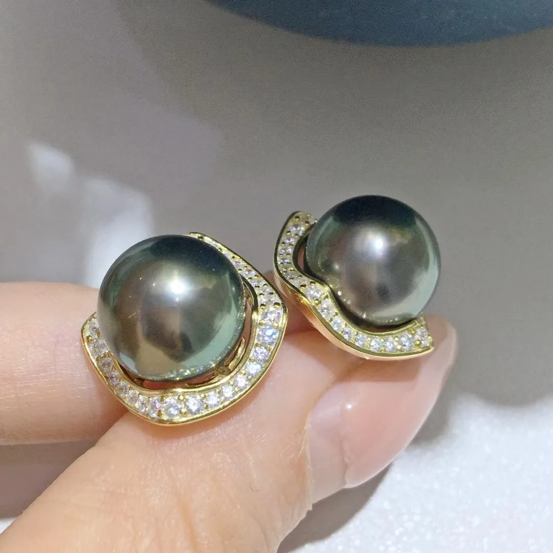 Natural Pearl Earrings AAA11-12mm Round Tahiti Round Pearl Earrings 925s