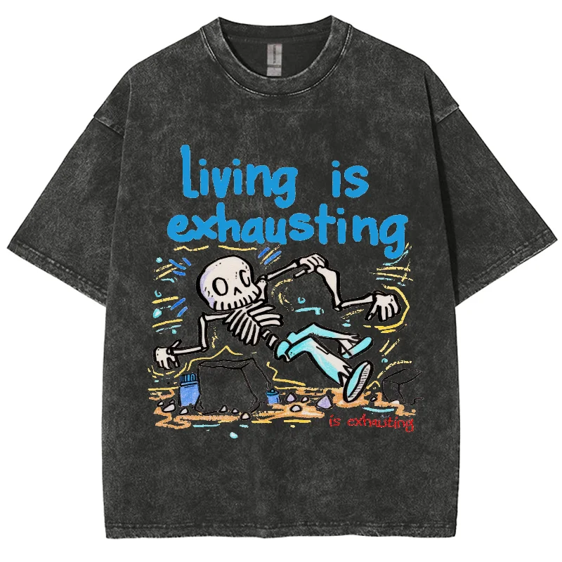 Sad And Scary Skull Bone Print T-Shirt Fashion Designer Trendy New Short-Sleeved High-Gram Weight Round Neck Washed Denim Fabric