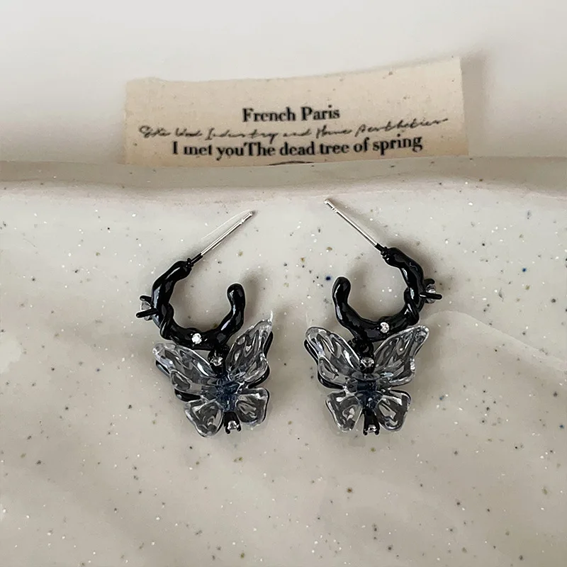 

Minar Sweet Cool Black Color Enamel Transparent Resin Rhinestone Butterfly Wings Dangle Earrings for Women Holiday Party Jewelry