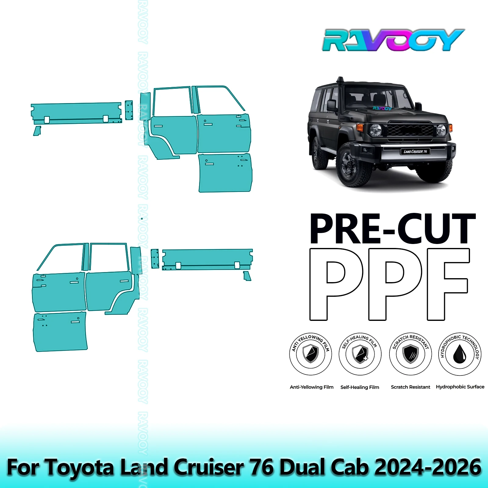 

For Toyota Land Cruiser 76 Dual Cab 2024-2026 8.5mil Clear Matte Pre-Cut PPF Door & A/B Pillar Kit TPU Paint Protection Film Set