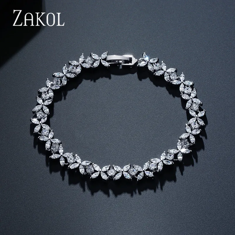 ZAKOL Classic White Marquise Cut Cubic Zircon Chain & Link Bracelets Bangles Flower Bridal Wedding Jewelry For Women BP094