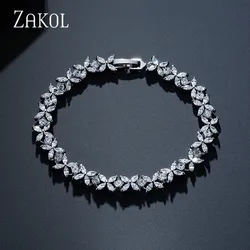 ZAKOL-Pulseras clásicas de circonita cúbica para mujer, brazaletes de cadena y eslabones con corte de marquesa blanca, joyería de Boda nupcial de flores, BP094