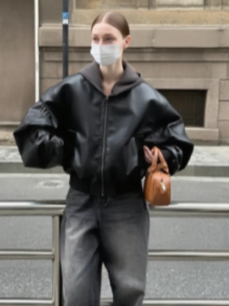 Vintage Women Leather Jackets For Women Slim Waist Lapel Long Sleeve Coats Zipper Y2k Short Streetwear 2025 New Lady Outwears