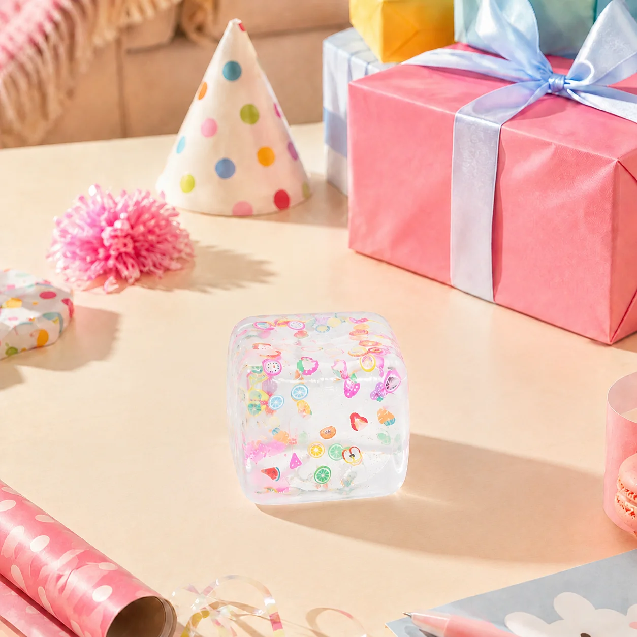 Fruit Pattern Clear Maltose Cube Squishy Toy, Transparent Ice Cube Slow Rebound Squeeze Fidget Toy, Fruit Confetti Sensory Stress Relief Toy, Soft TPR Desk Ornament Party Gift