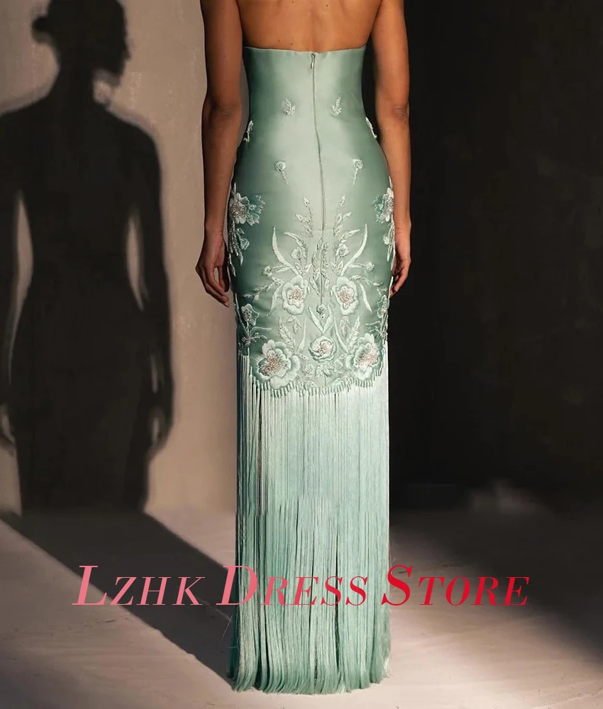 Vestido de noche recto con borlas y flores de satén, Sexy, personalizado, sin mangas, sin tirantes, largo hasta el suelo, vestidos de celebridades