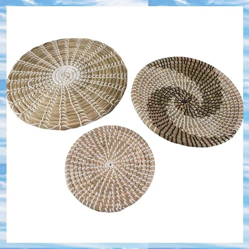 T31C-Handmade Hanging Wall Basket Decor(Set Of 3)Round Woven Basket ,Boho Home Decor Trays For Bedroom,Kitchen,Living Room image 4