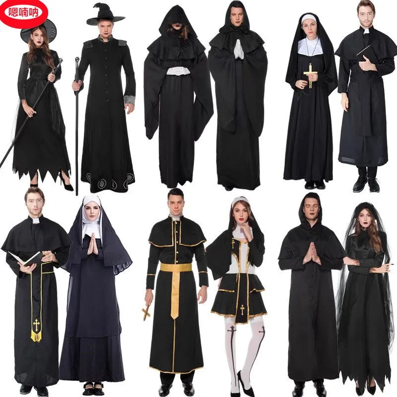 

Adult Halloween Cosplay Nun Performance Outfit Male Priest Stage Drama Mother Mary Priestess Traditional Costume Polyester