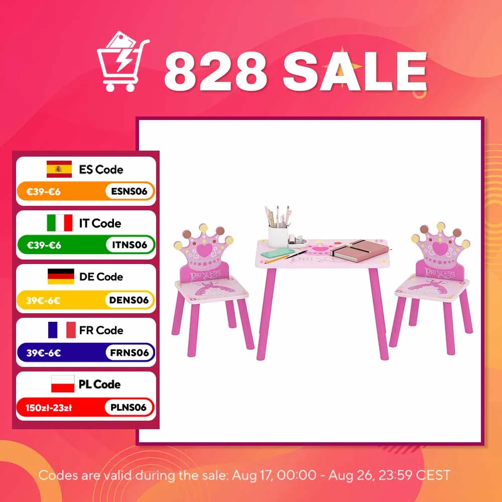 HOMCOM Set Tavolo e 2 Sedie per Bambini 3 Pezzi, Piedi Solidi, Tavolo per Bambini con Sedia e Motivo a Corona per Ragazze