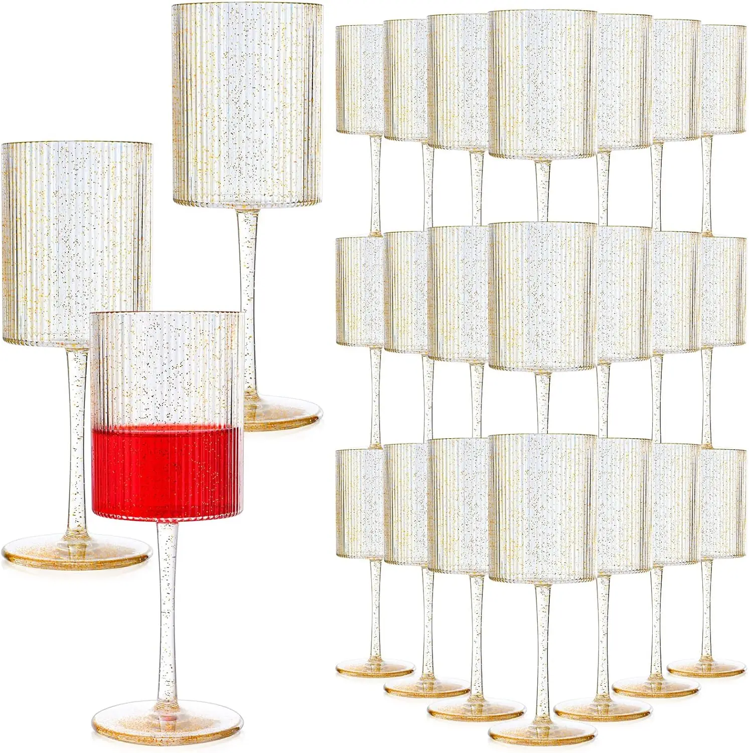 

36-Pack Gold Glitter Champagne Flutes, 12oz Stemmed Plastic Glasses for Wedding Party, Sparkling Wine Goblets