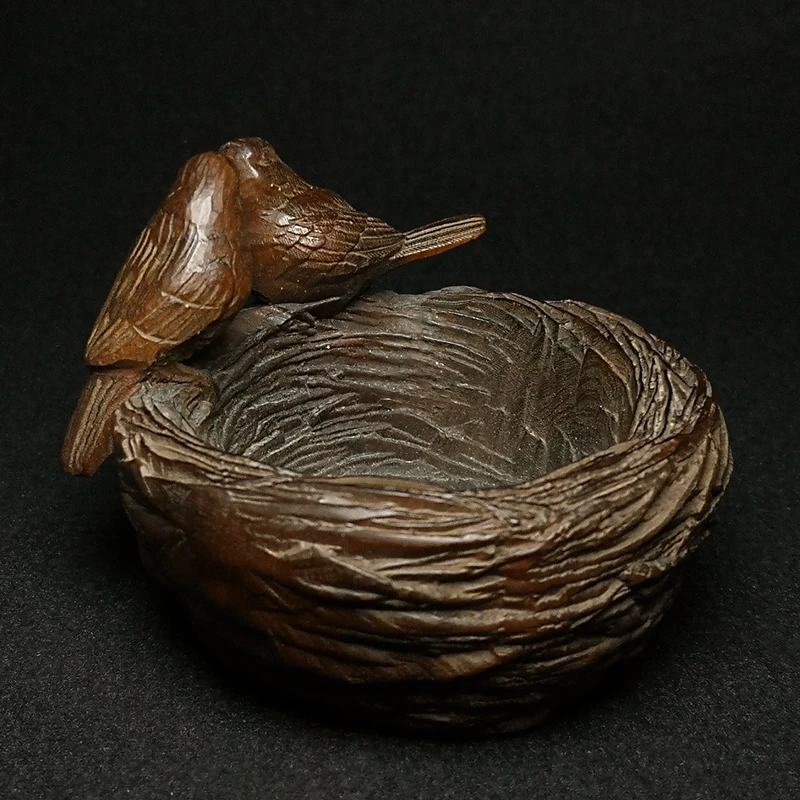 YIZHU CULTUER ART Size 8 cm Chinese Boxwood Wood Hand Carved Bird bird's nest Old Decoration Collection