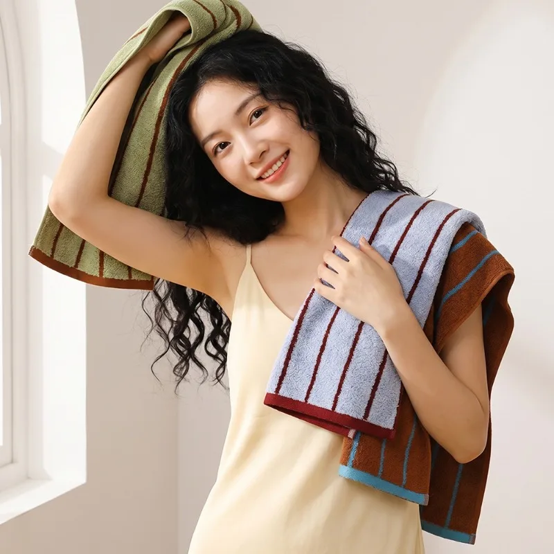 1PC Striped Simple Design Pure Cotton Towel Soft Skin Friendly Bath Towel Lint Resistant Household Bathroom Face Towel