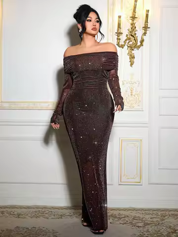 Plus Size Off-Shoulder Sparkle Bodycon Long Dress for Evening Party