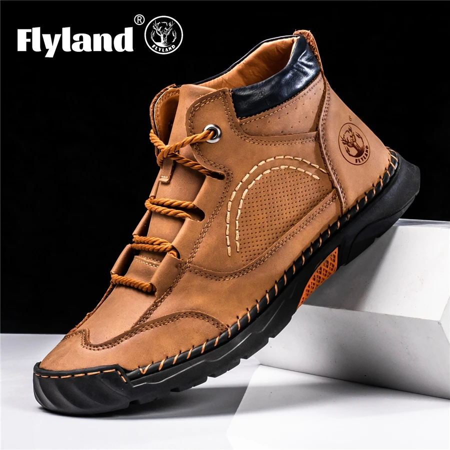 FLYLAND Men\'s Classical Vintage Soft Skin-friendly Feeling Frosted Genuine Leather Business Ankle Boots Handmade Casual Boots