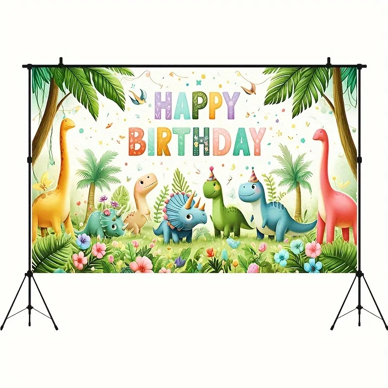 Cartoon Dinosaur Polyester Photo Backdrop Banner - Vibrant Happy Birthday Decorations for Indoor Outdoor Events, Parties