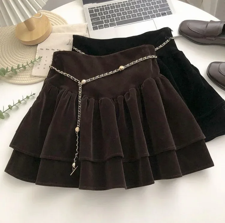 التنانير الفتيات الخريف الربيع جديد مرونة الخصر تنورة عالية الخصر المخملية تكدرت حافة قصيرة ملابس الأطفال خمر #5