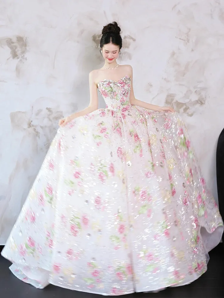 Strapless dreamy flowers sweet toasts birthday coming-of-age ceremony art examination banquet dress