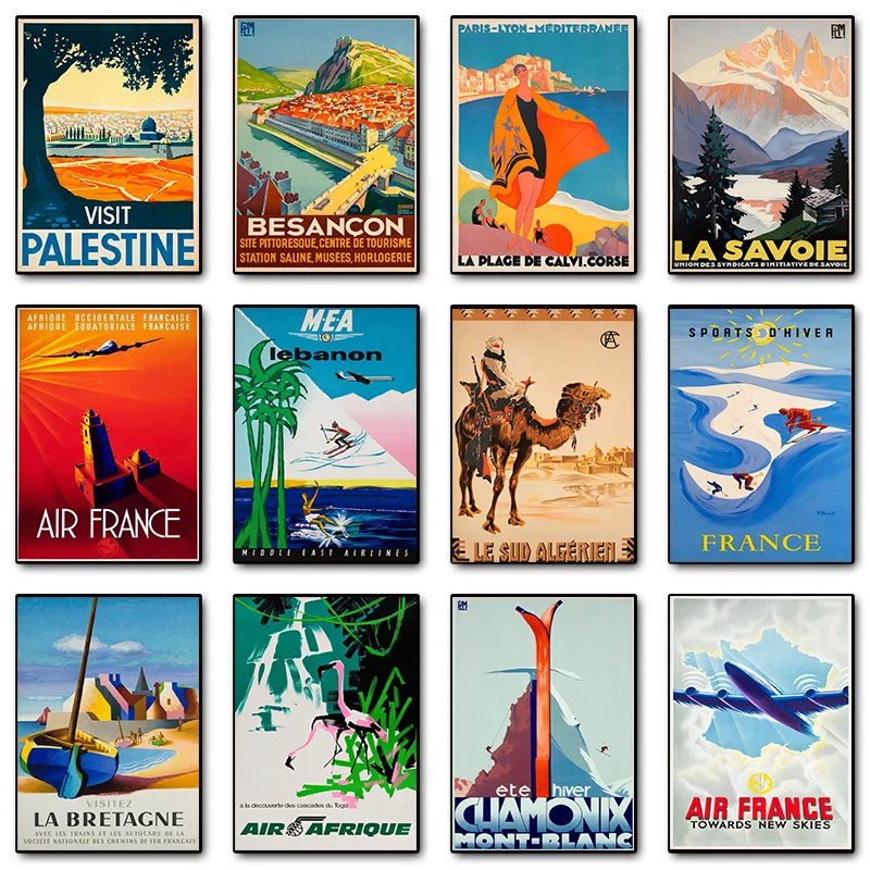 Vintage Air France Beach Besançon Corsica Travel Winter Ski Alps Poster Print Wall Art Pictures Canvas Painting Room Home Decor