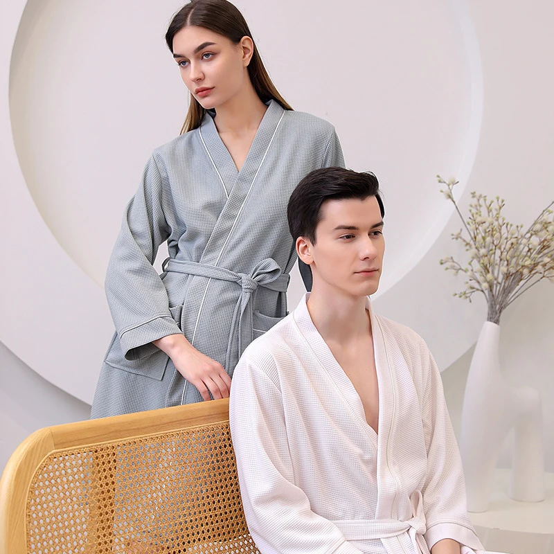 

Couple Bath Robe Spring Summer Mid-Length Kimono Sashes Robe Hotel White Nightgown Bathrobe Women big size Waffle Clothes