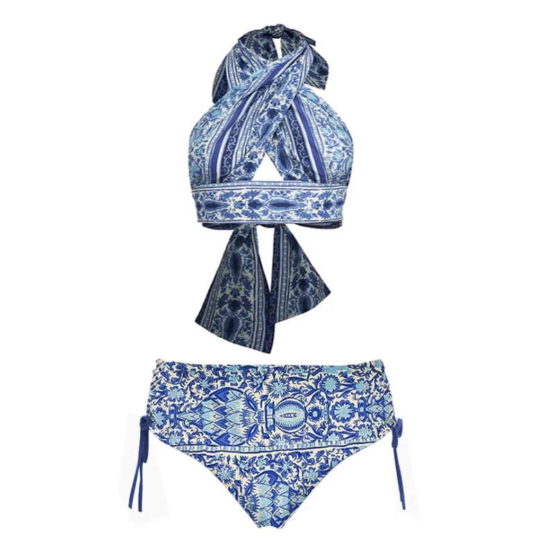 Blau und weiß Porzellan Bauch Kontrolle Bügel Badeanzug Push-up Frauen Bade bekleidung Badeanzug mit Strand rock Sarong Vertuschungen