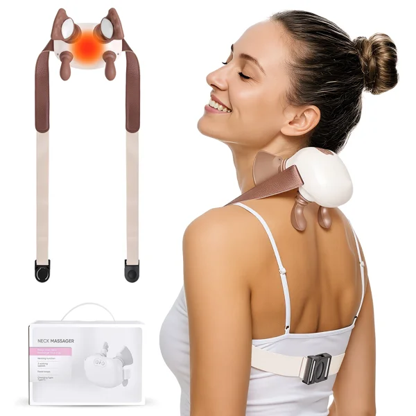 Cordless Neck and Shoulder Massager with Heat, Deep Kneading Electric Massager with Adjustable Straps, 3 Intensity Levels, 2 Heat Settings, Portable Neck Back Massage Device for Home Office Travel