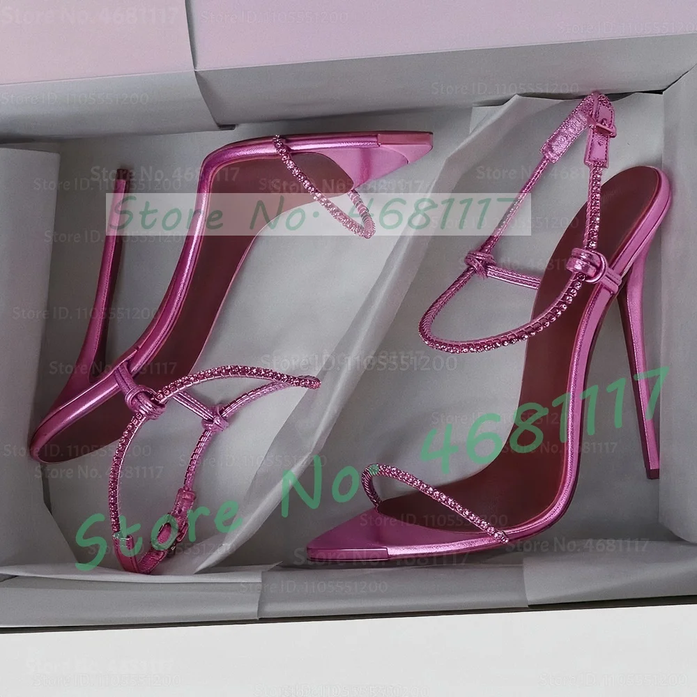 Pink Metallic Slender Strap High Heels Sandals Women Sparkling Crystal Thin Ankle Strap High Heels Pointy Open Toe Dress Shoes