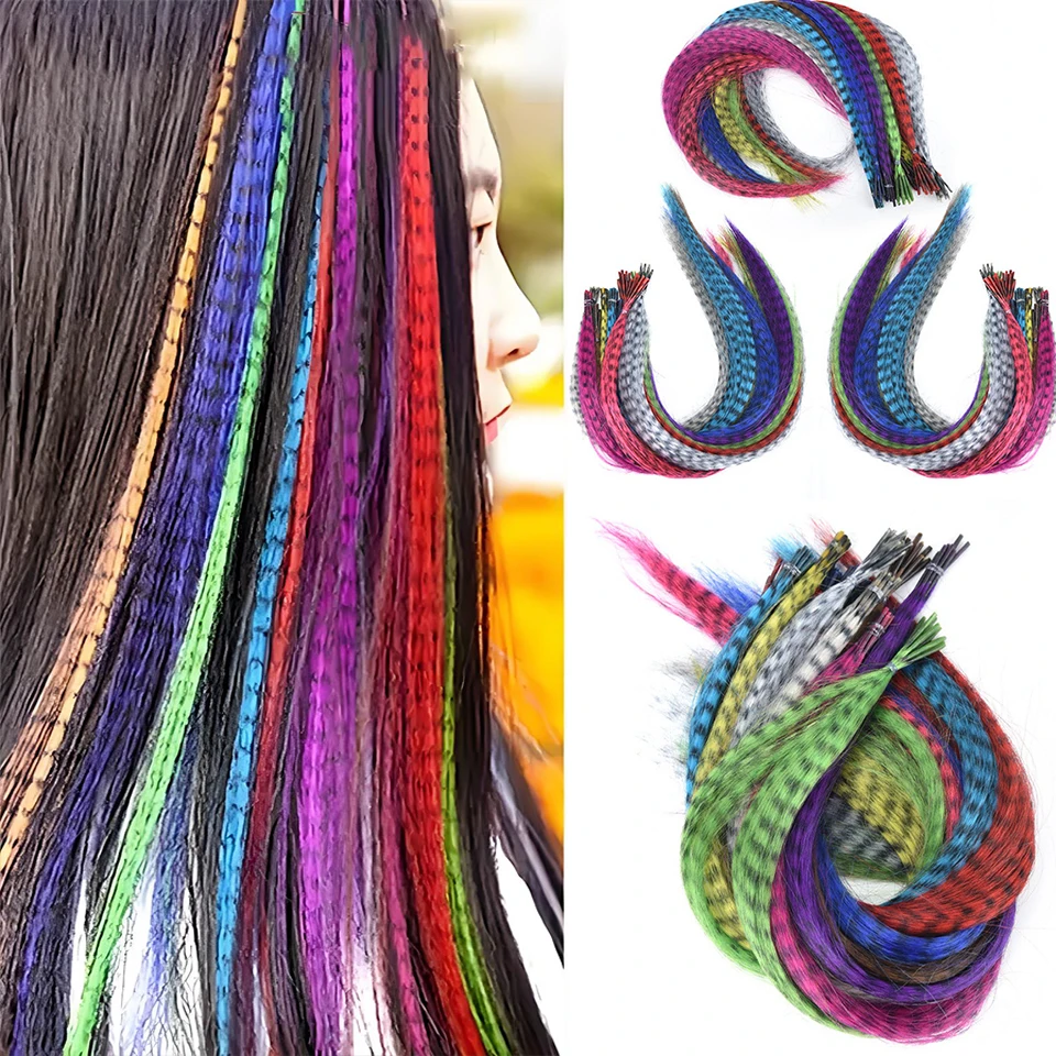 Synthetic Colored Feather Hair Extensions 16Inch Blue Purple For Women Zebra Line Feather Hairpiece For Women New Year Carnival