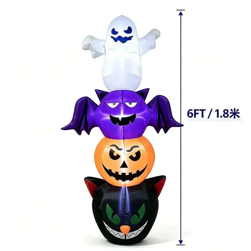 1.8M Inflatable Stacked Ghost Bat Pumpkin Black Cat with LED Yard Decor Outdoor Halloween Blow Up Ornament
